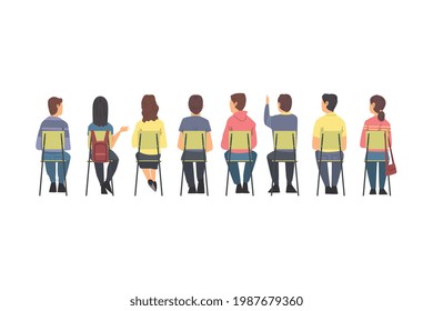 Training with People Characters Sitting in Row on Chairs Listening Back View Vector Illustration