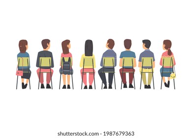 Training with People Characters Sitting in Row on Chairs Listening Back View Vector Illustration