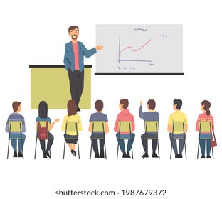 Training with People Characters Sitting in Row Listening to Man Instructor Showing Graph on Flipchart Vector Illustration