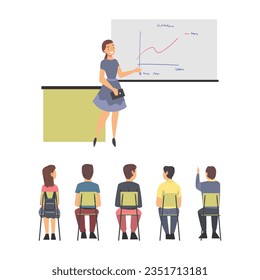 Training with People Characters Sitting in Row Listening to Woman Instructor Showing Graph on Flipchart Vector Illustration Set