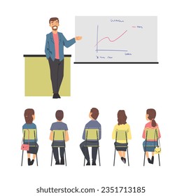 Schulung mit Persönlichen Charakteren, die in Row sitzen und einem Lehrer anhören, der den Graph auf Flipchart Vektorgrafik-Set anzeigt