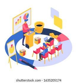 Training people group, educational lecture with coach vector illustration isometric isolated. Teacher presentation, seminar, communication meeting. Laptop, charts, diagrams, folders and coffee.