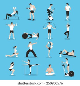 Training people icons set for sport and fitness infographics. Flat style design. Vector illustration.