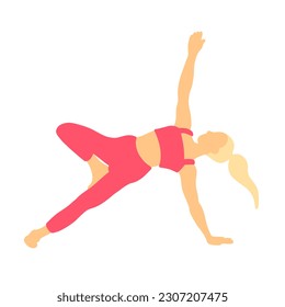 Training pilates yoga pose. Blonde sport ponytail hair female, lady, woman, girl. Meditation, mental health, fitness, gym. Vector illustration in cartoon flat style isolated on white background.