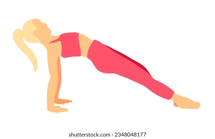 Training pilates yoga pose. Blonde sport ponytail hair female, lady, woman, girl. Meditation, mental health, fitness, gym. Vector illustration in cartoon flat style isolated on white background.