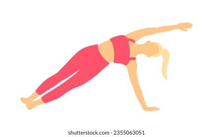 Training pilates yoga pose. Blonde sport ponytail hair female, lady, woman, girl. Meditation, mental health, fitness, gym. Vector illustration in cartoon flat style isolated on white background.