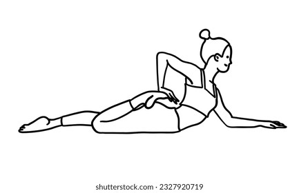 Training in pilates and yoga pose female character. Meditation, pilates, mental health. Female, lady, woman, girl. Vector illustration in outline cartoon flat style isolated on white background.