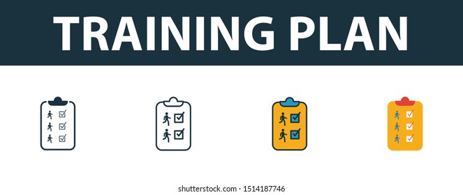 Training Plan icon set. Premium simple element in different styles from fitness icons collection. Set of training plan icon in filled, outline, colored and flat symbols concept.
