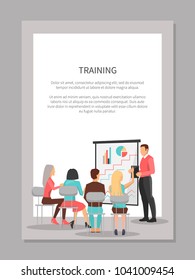 Training poster with people at business meeting look at presentation with graphics that shown by tutor isolated cartoon flat vector illustration on white