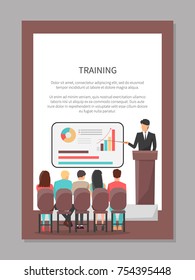 Training poster with people look at presentation with graphics and speaker in suit at business classes isolated cartoon flat vector illustration on white