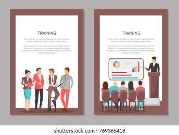 Training posters set with people discussing important issues, man sitting on chair and pointing on tripod with charts, colleagues listen vector 