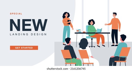 Training or presentation of new book of writer in front of fans. Woman speaking to group of people flat vector illustration. Authorship concept for banner, website design or landing web page