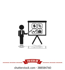 Training and presentation, seminar, learning symbol. The teacher icon. Vector illustration. Presentation manager screen and Icons set: dollar, percent, briefcase, curve