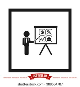 Training and presentation, seminar, learning symbol. The teacher icon. Vector illustration. Presentation manager screen and Icons set: dollar, percent, briefcase, curve