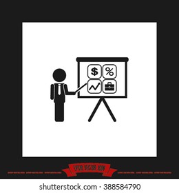 Training and presentation, seminar, learning symbol. The teacher icon. Vector illustration. Presentation manager screen and Icons set: dollar, percent, briefcase, curve