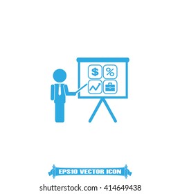 Training and presentation, seminar, learning symbol. The teacher icon. Vector illustration. Presentation manager screen and Icons set: dollar, percent, briefcase, curve
