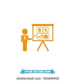 Training and presentation, seminar, learning symbol. The teacher icon. Vector illustration. Presentation manager screen and Icons set: dollar, percent, briefcase, curve