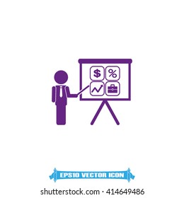 Training and presentation, seminar, learning symbol. The teacher icon. Vector illustration. Presentation manager screen and Icons set: dollar, percent, briefcase, curve