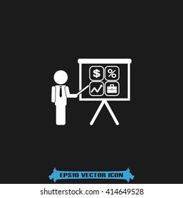 Training and presentation, seminar, learning symbol. The teacher icon. Vector illustration. Presentation manager screen and Icons set: dollar, percent, briefcase, curve