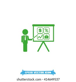 Training and presentation, seminar, learning symbol. The teacher icon. Vector illustration. Presentation manager screen and Icons set: dollar, percent, briefcase, curve