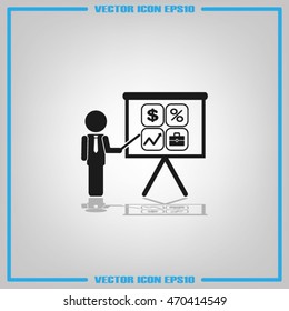 Training and presentation, seminar, learning symbol. The teacher icon. Vector illustration. Presentation manager screen and Icons set: dollar, percent, briefcase, curve