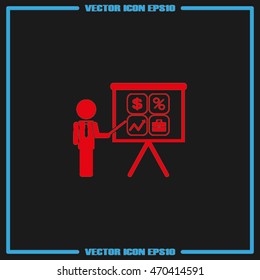 Training and presentation, seminar, learning symbol. The teacher icon. Vector illustration. Presentation manager screen and Icons set: dollar, percent, briefcase, curve