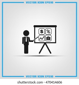 Training and presentation, seminar, learning symbol. The teacher icon. Vector illustration. Presentation manager screen and Icons set: dollar, percent, briefcase, curve