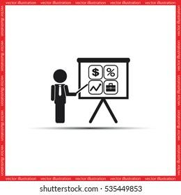 Training and presentation, seminar, learning symbol. The teacher icon. Vector illustration. Presentation manager screen and Icons set: dollar, percent, briefcase, curve.
