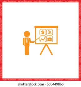Training and presentation, seminar, learning symbol. The teacher icon. Vector illustration. Presentation manager screen and Icons set: dollar, percent, briefcase, curve.