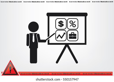 Training and presentation, seminar, learning symbol. The teacher icon. Vector illustration. Presentation manager screen and Icons set: dollar, percent, briefcase, curve