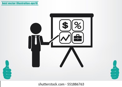 Training and presentation, seminar, learning symbol. The teacher icon. Vector illustration. Presentation manager screen and Icons set: dollar, percent, briefcase, curve