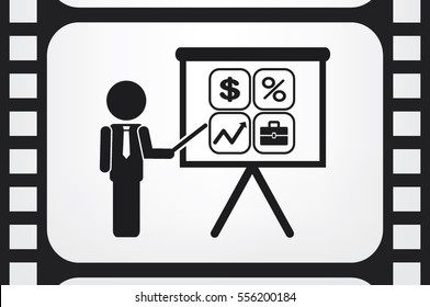 Training and presentation, seminar, learning symbol. The teacher icon. Vector illustration. Presentation manager screen and Icons set: dollar, percent, briefcase, curve