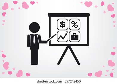 Training and presentation, seminar, learning symbol. The teacher icon. Vector illustration. Presentation manager screen and Icons set: dollar, percent, briefcase, curve