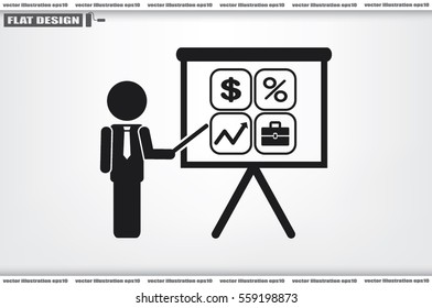 Training and presentation, seminar, learning symbol. The teacher icon. Vector illustration. Presentation manager screen and Icons set: dollar, percent, briefcase, curve.