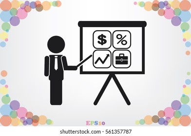 Training and presentation, seminar, learning symbol. The teacher icon. Vector illustration. Presentation manager screen and Icons set: dollar, percent, briefcase, curve