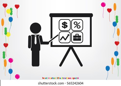 Training and presentation, seminar, learning symbol. The teacher icon. Vector illustration. Presentation manager screen and Icons set: dollar, percent, briefcase, curve