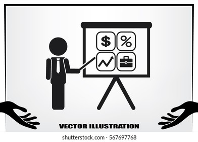 Training and presentation, seminar, learning symbol. The teacher icon. Vector illustration. Presentation manager screen and Icons set: dollar, percent, briefcase, curve