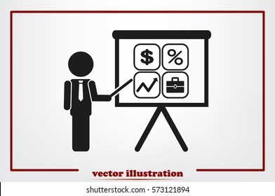 Training and presentation, seminar, learning symbol. The teacher icon. Vector illustration. Presentation manager screen and Icons set: dollar, percent, briefcase, curve.