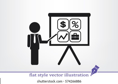 Training and presentation, seminar, learning symbol. The teacher icon. Vector illustration. Presentation manager screen and Icons set: dollar, percent, briefcase, curve