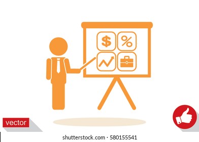 Training and presentation, seminar, learning symbol. The teacher icon. Vector illustration. Presentation manager screen and Icons set: dollar, percent, briefcase, curve