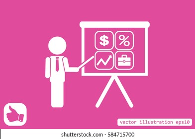 Training and presentation, seminar, learning symbol. The teacher icon. Vector illustration. Presentation manager screen and Icons set: dollar, percent, briefcase, curve