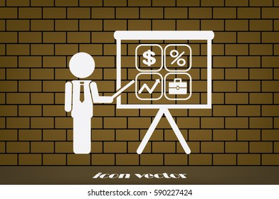 Training and presentation, seminar, learning symbol. The teacher icon. Vector illustration. Presentation manager screen and Icons set: dollar, percent, briefcase, curve