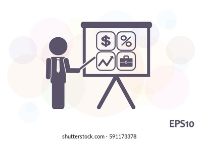 Training and presentation, seminar, learning symbol. The teacher icon. Vector illustration. Presentation manager screen and Icons set: dollar, percent, briefcase, curve