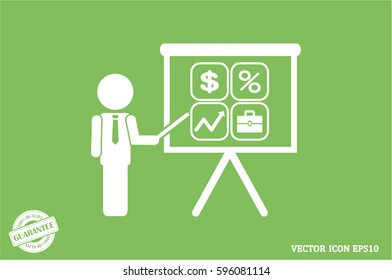 Training and presentation, seminar, learning symbol. The teacher icon. Vector illustration. Presentation manager screen and Icons set: dollar, percent, briefcase, curve