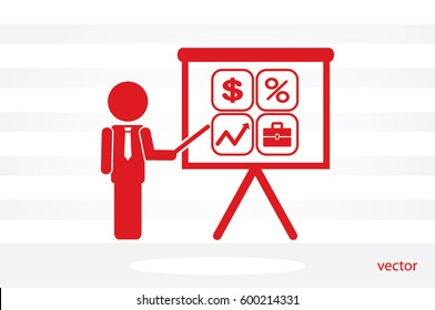 Training and presentation, seminar, learning symbol. The teacher icon. Vector illustration. Presentation manager screen and Icons set: dollar, percent, briefcase, curve