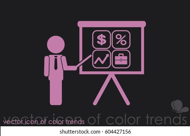 Training and presentation, seminar, learning symbol. The teacher icon. Vector illustration. Presentation manager screen and Icons set: dollar, percent, briefcase, curve