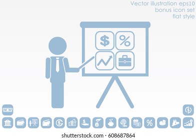 Training and presentation, seminar, learning symbol. The teacher icon. Vector illustration. Presentation manager screen and Icons set: dollar, percent, briefcase, curve