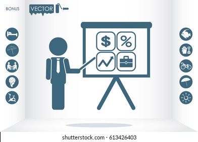 Training and presentation, seminar, learning symbol. The teacher icon. Vector illustration. Presentation manager screen and Icons set: dollar, percent, briefcase, curve