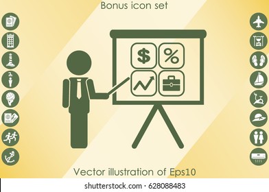 Training and presentation, seminar, learning symbol. The teacher icon. Vector illustration. Presentation manager screen and Icons set: dollar, percent, briefcase, curve