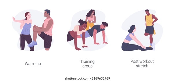 Training process isolated cartoon vector illustrations set. Warm-up before training, group workout with a fitness instructor, post workout stretch, athletic people active lifestyle vector cartoon.